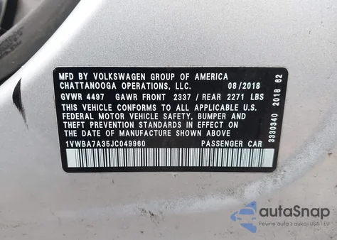 2018 Volkswagen Passat 2.0T Se z USA, uszkodzony, nr VIN 1VWBA7A35JC049960